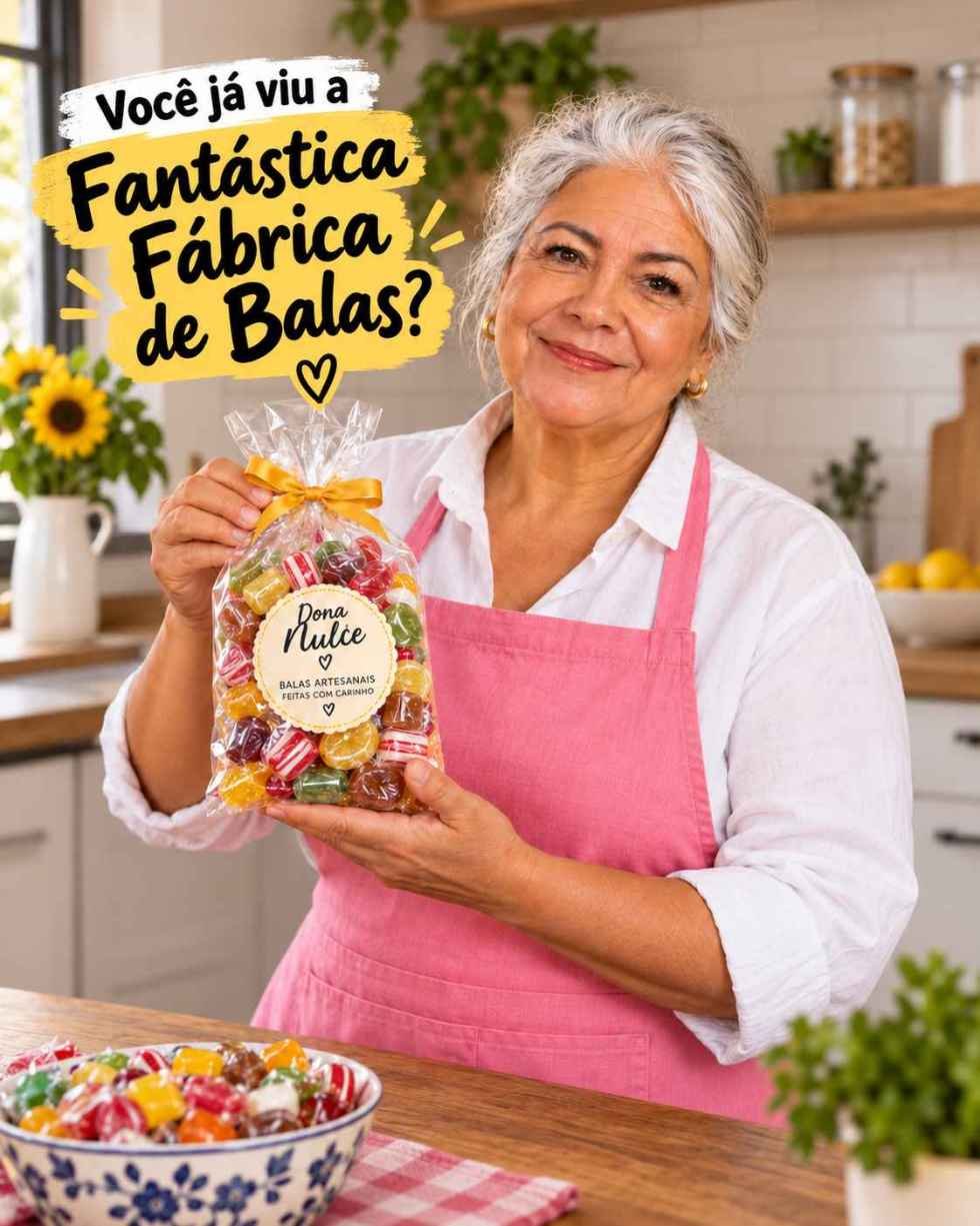 Dona Nulce segurando um pacote de balas artesanais em sua cozinha