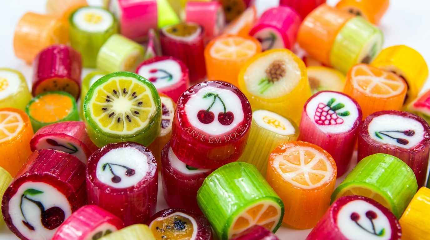 Close de balas artesanais coloridas com desenhos de frutas